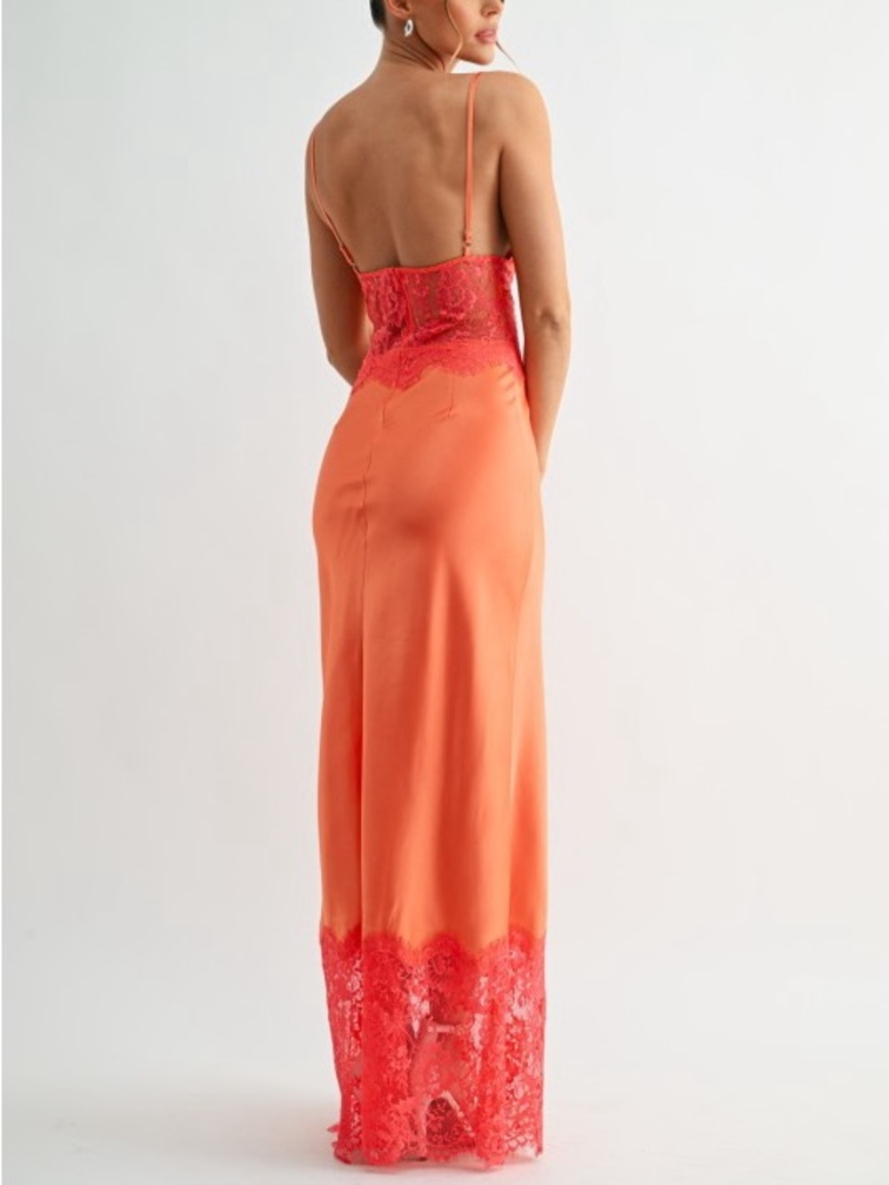 Silk Orange Lace Trim Slip Dress - Women